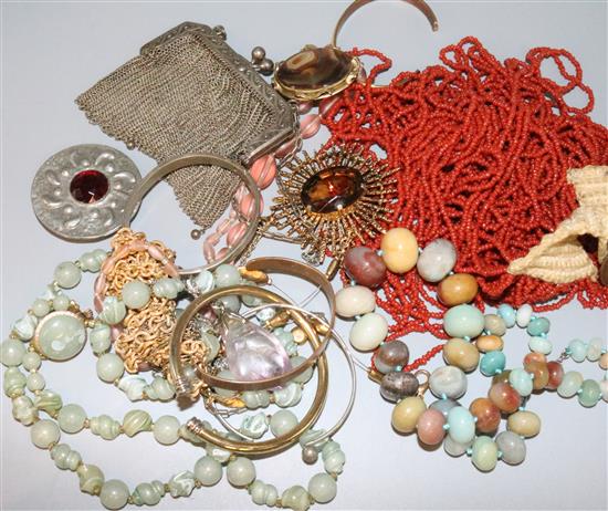 Collection of costume jewellery including coral rings, purse etc